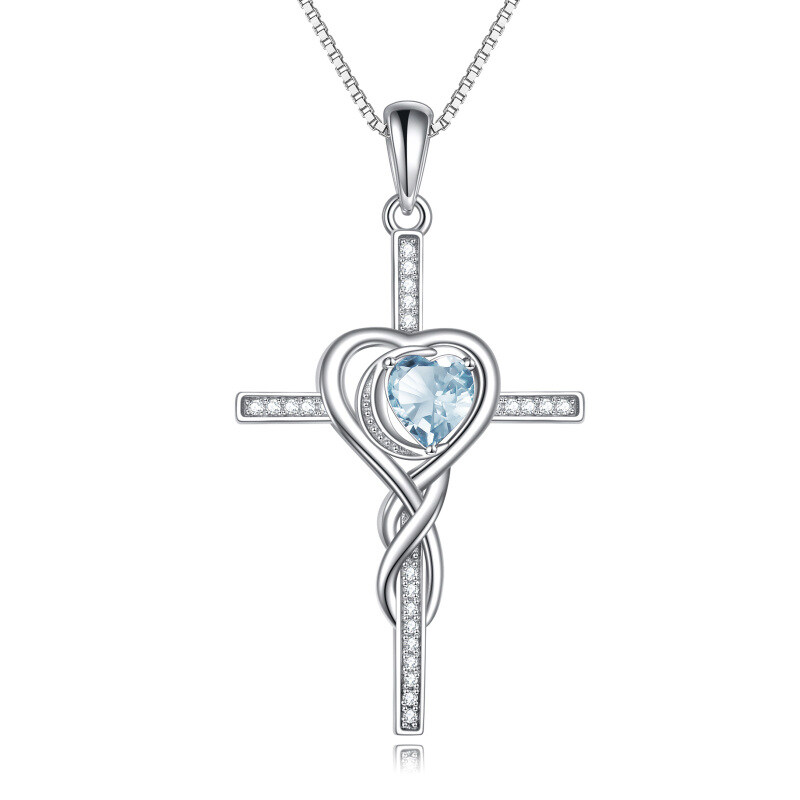 Sterling Silver Blue Crystal Cross Heart Necklace for Women-1