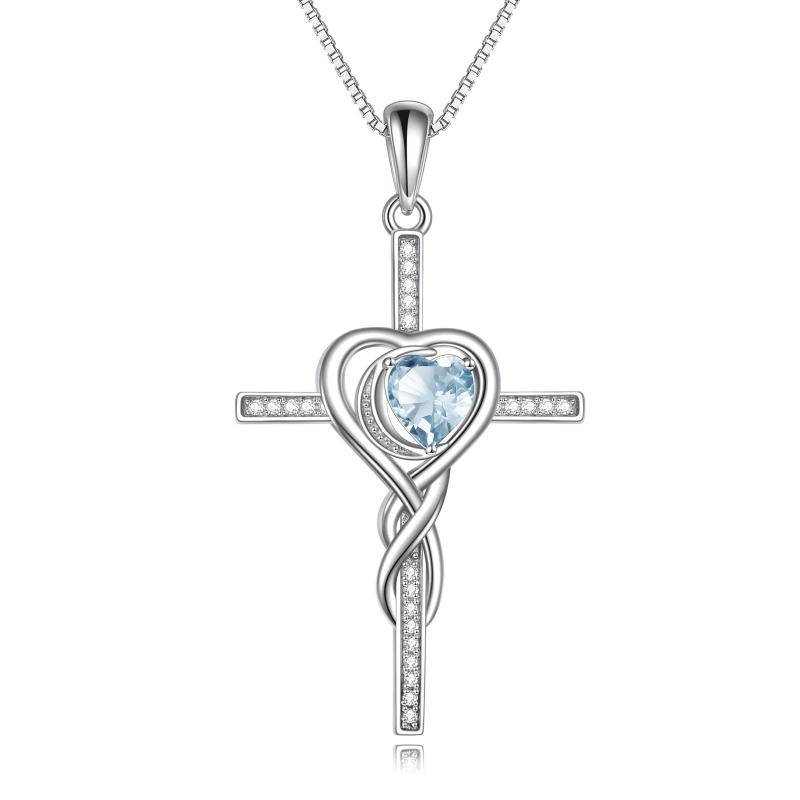Sterling Silver Blue Crystal Cross Heart Necklace for Women-2