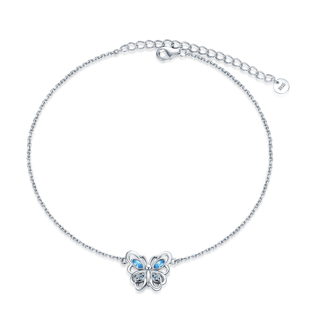 Tobillera de plata de ley con forma de mariposa hueca y cristal azul, elegante para mujer-1