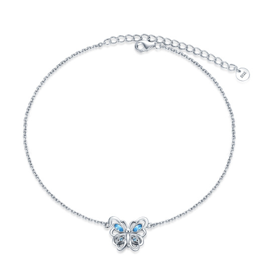 Tobillera con forma de mariposa hueca y cristales azules en plata de ley, elegante para mujer