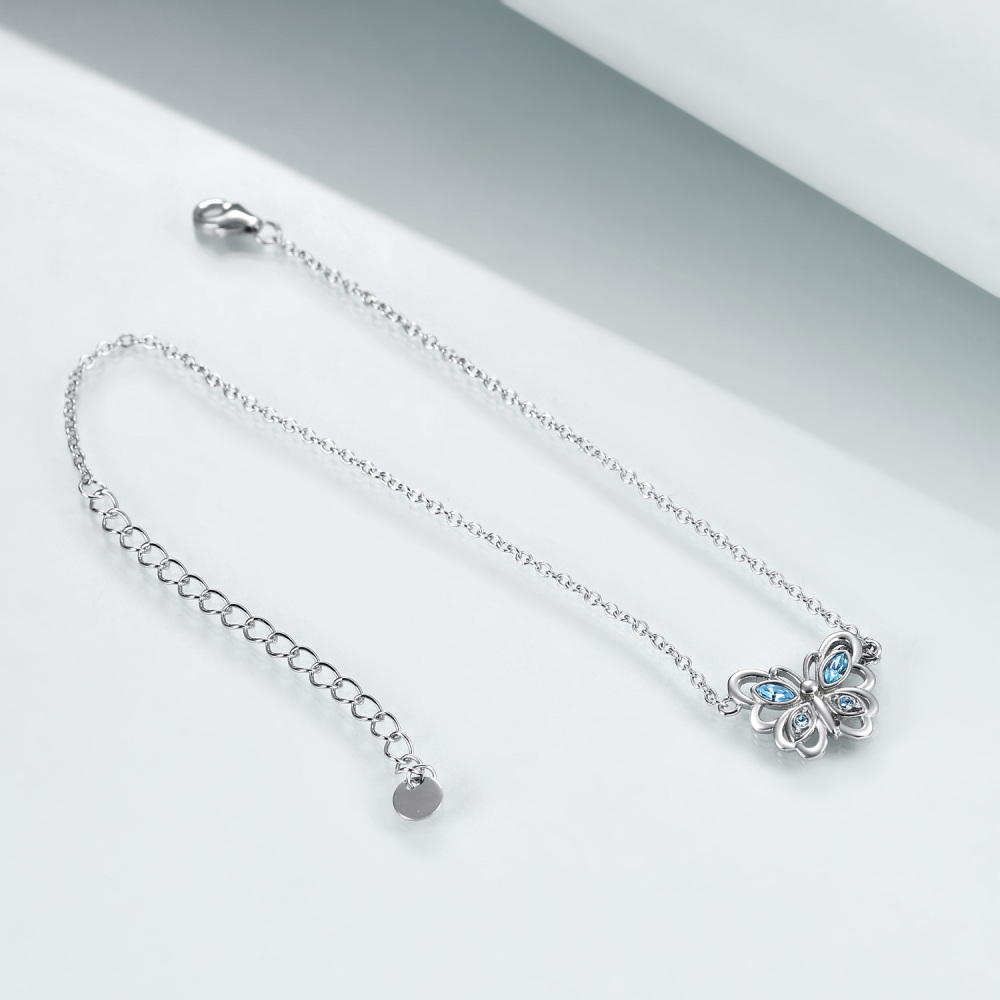 Tobillera de plata de ley con forma de mariposa hueca y cristal azul, elegante para mujer-3