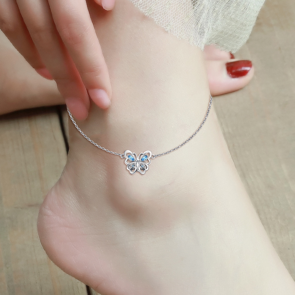 Tobillera de plata de ley con forma de mariposa hueca y cristal azul, elegante para mujer-2