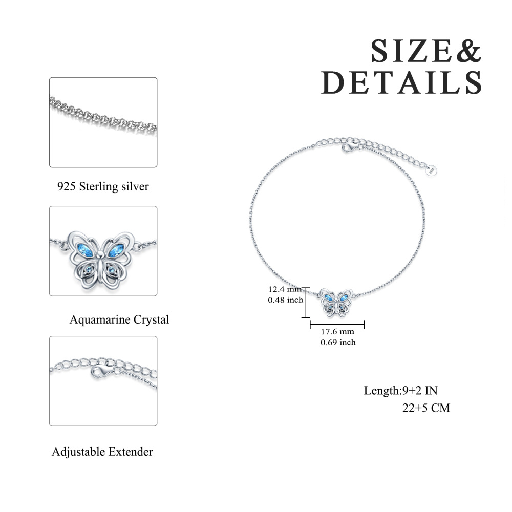 Tobillera de plata de ley con forma de mariposa hueca y cristal azul, elegante para mujer-4