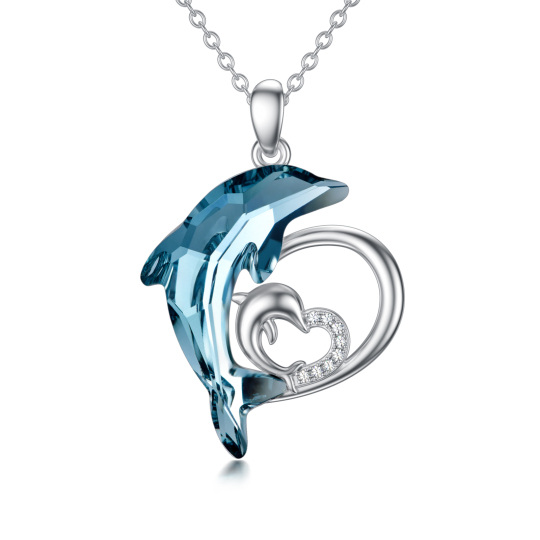 Collier en argent sterling avec pendentif en cristal bleu en forme de maman dauphin et de coeur de bébé