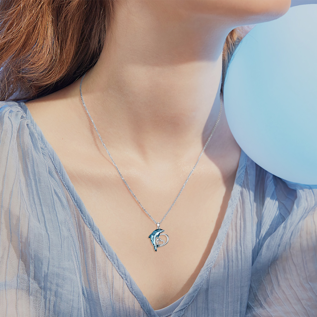 Collier en argent sterling avec pendentif en cristal bleu en forme de maman dauphin et de coeur de bébé-2