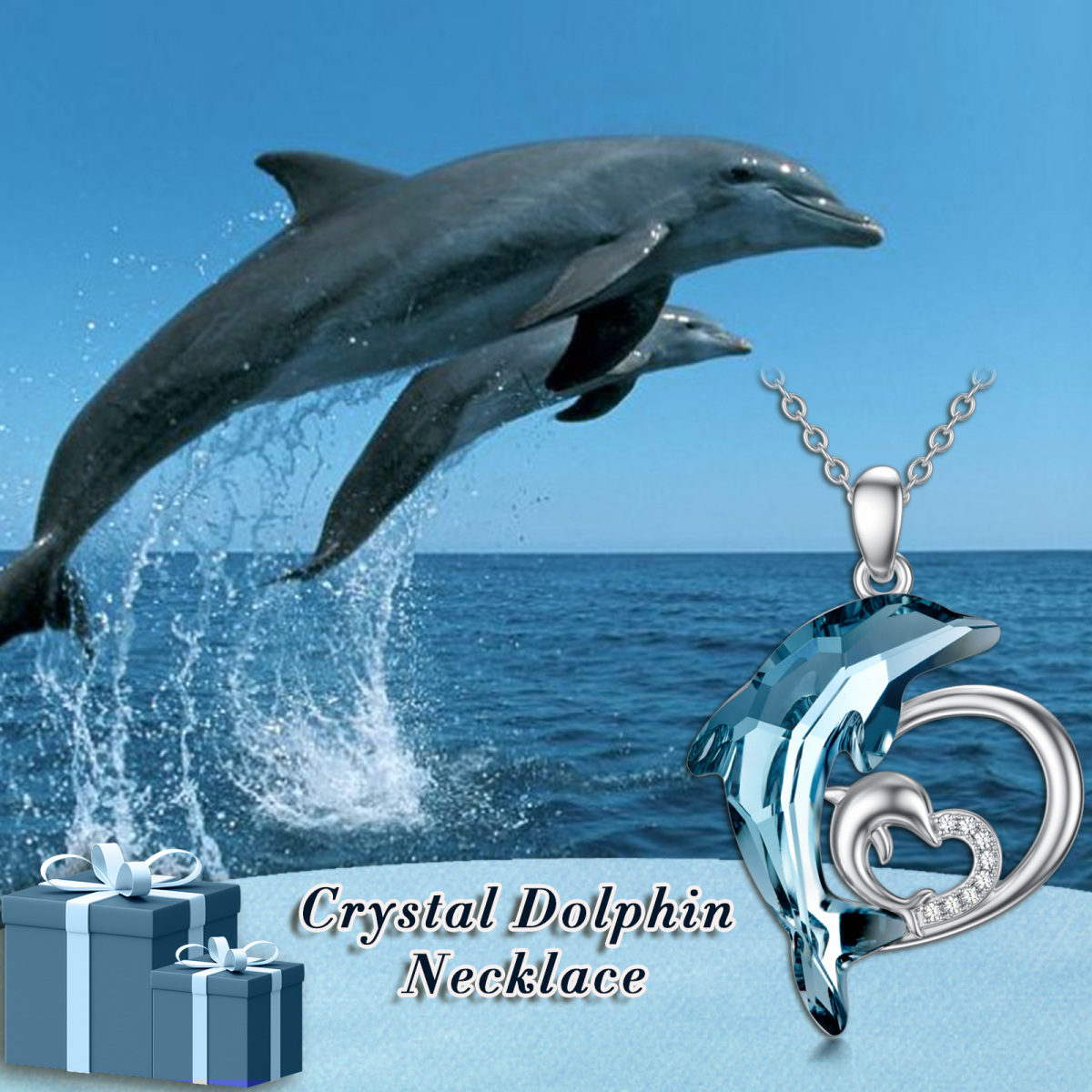 Sterling Silver Blue Crystal Mama Dolphin & Baby Heart Pendant Necklace-3