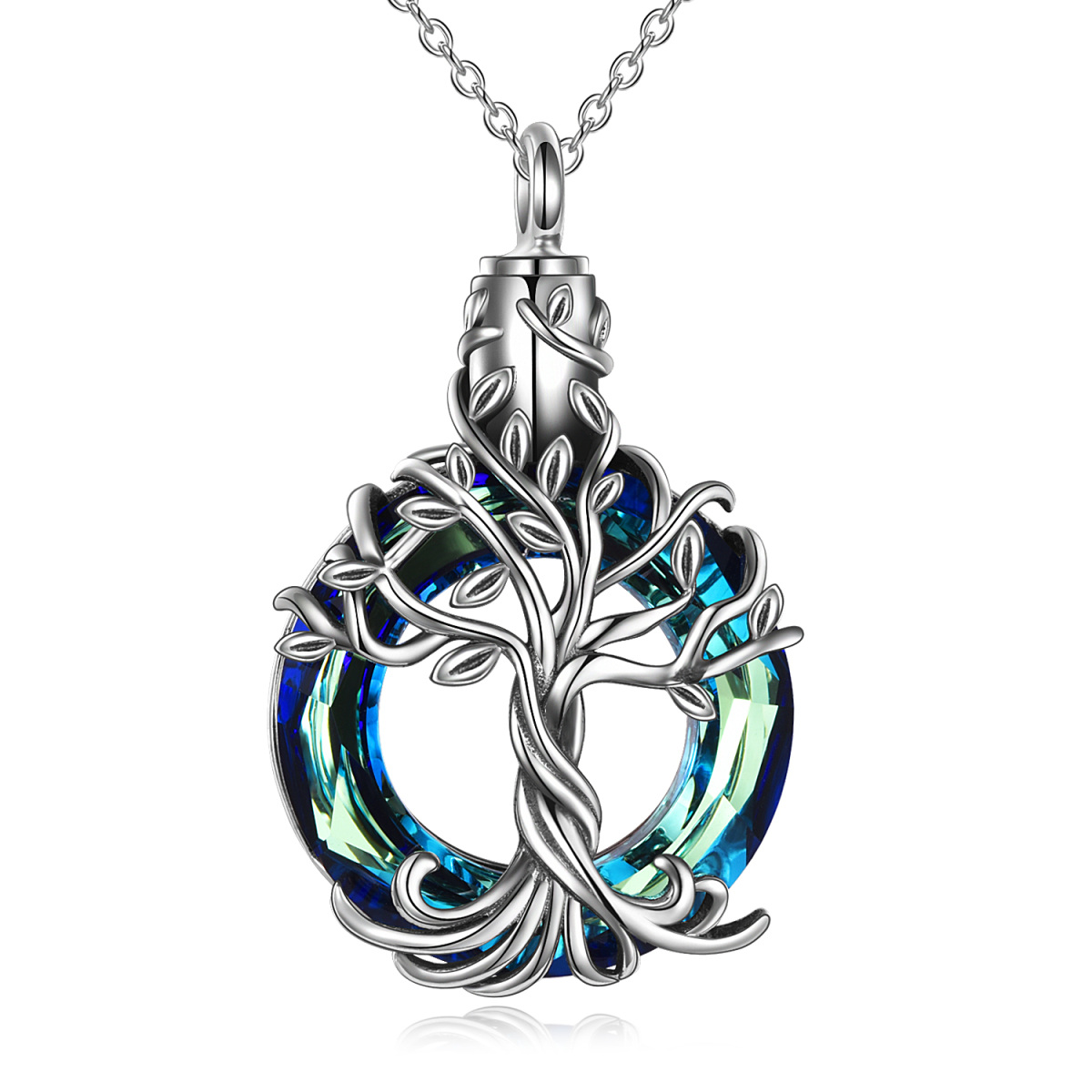 Sterling Silver Blue Crystal Tree Of Life Urn Necklace for Ashes-1