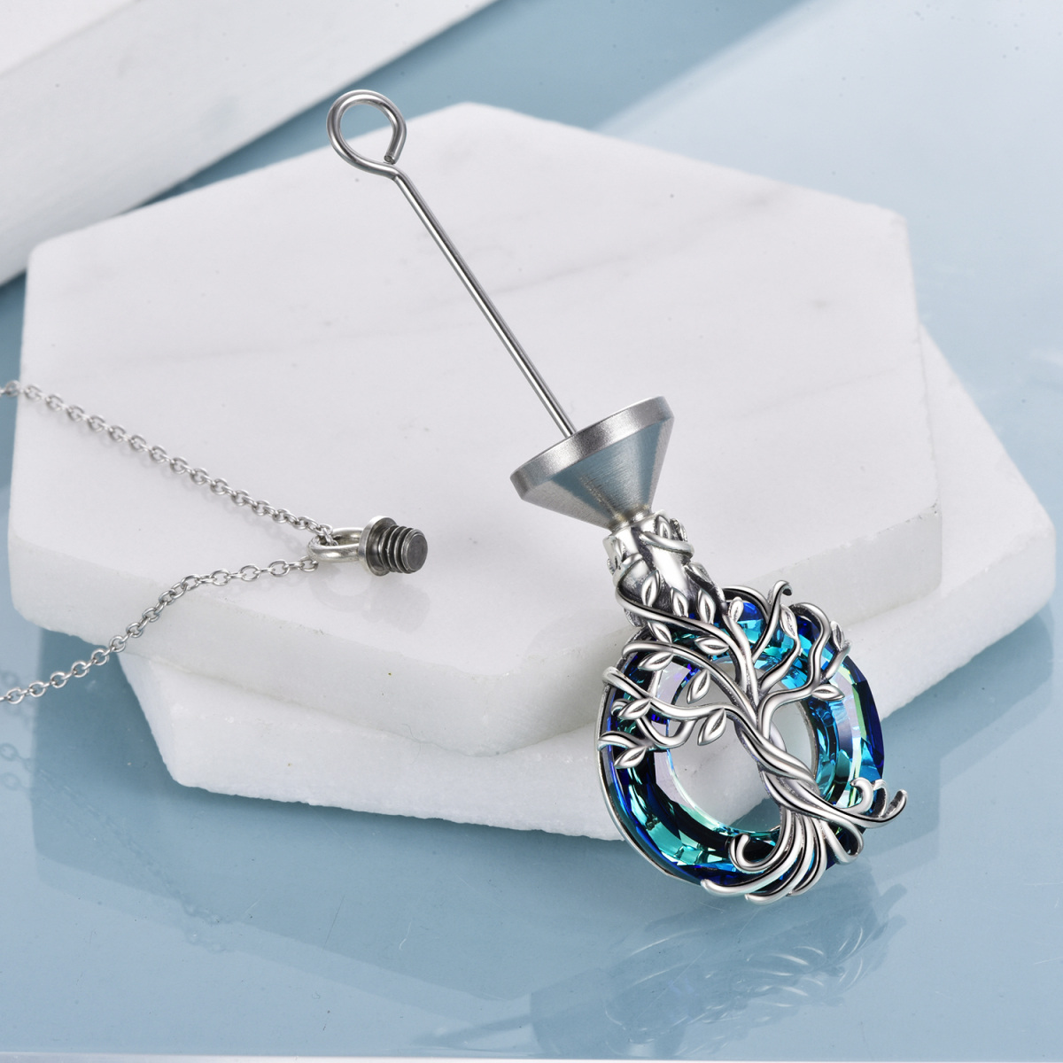 Sterling Silver Blue Crystal Tree Of Life Urn Necklace for Ashes-5