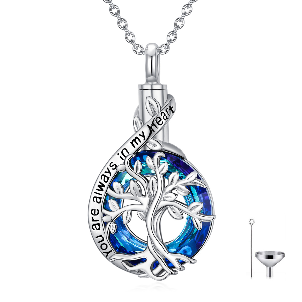 Collana con urna per ceneri in argento sterling e cristallo blu con parola incisa-1