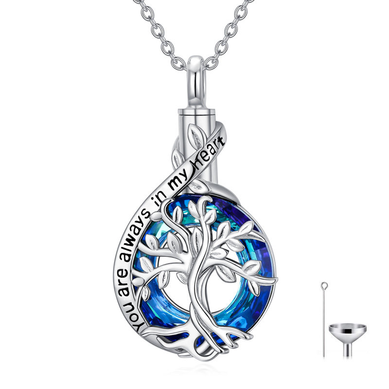 Sterling Silver Blue Crystal Tree Of Life Urn Necklace for Ashes with Engraved Word-13