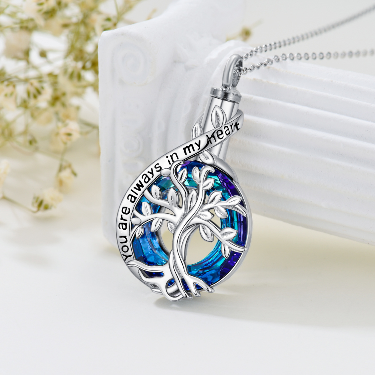 Collana con urna per ceneri in argento sterling e cristallo blu con parola incisa-3