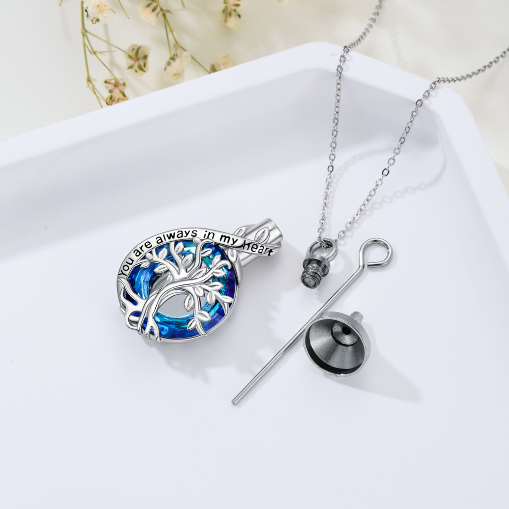 Sterling Silver Blue Crystal Tree Of Life Urn Necklace for Ashes with Engraved Word-4