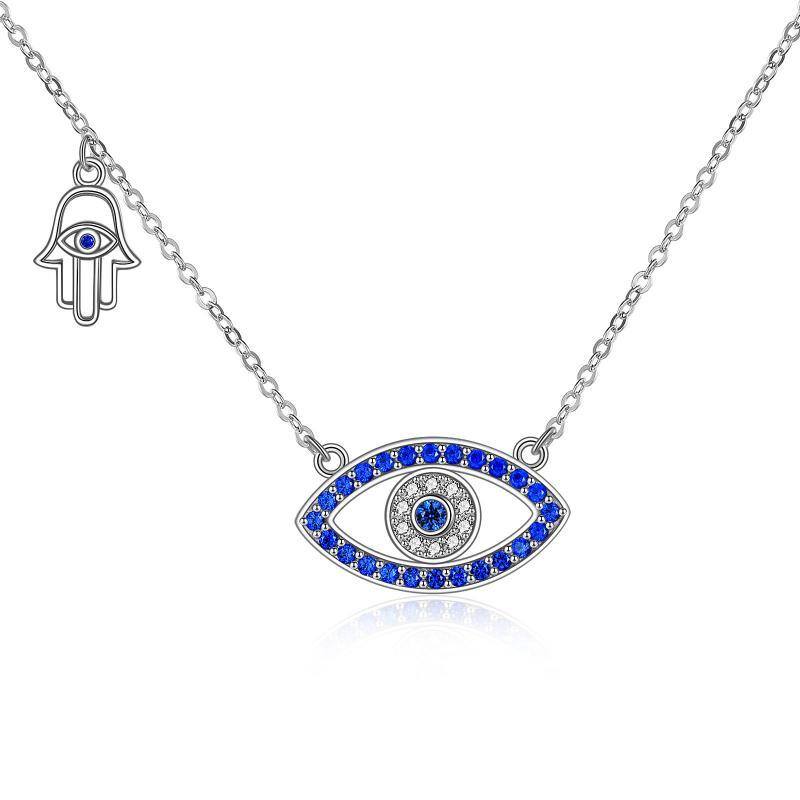 Colar de prata esterlina com zircónio cúbico azul. olho do mal e pendente de mão Hamsa-1