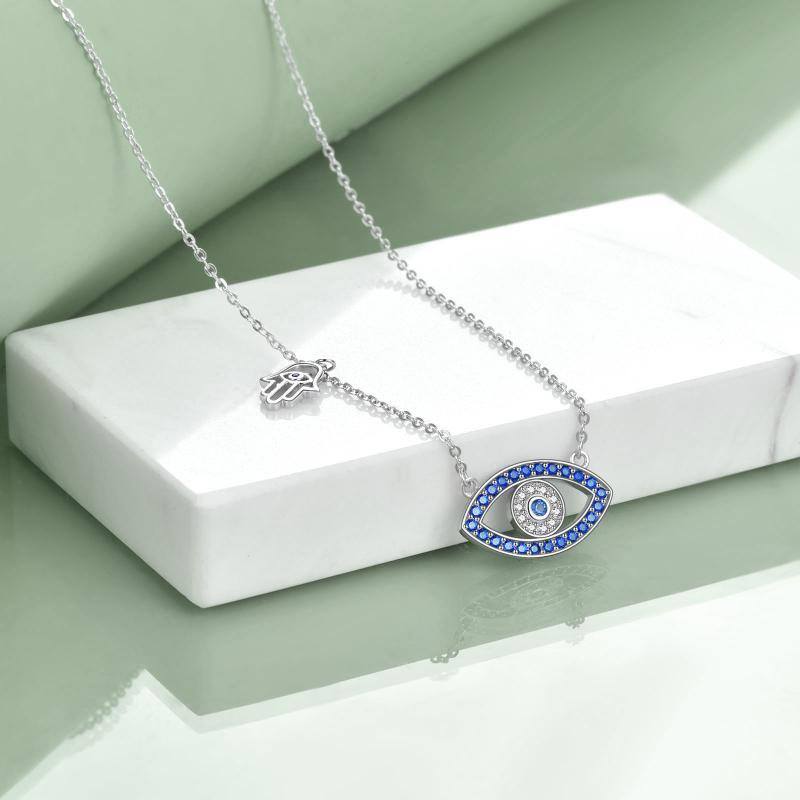 Sterling Silver Cubic Zirconia Blue Evil Eye & Hamsa Hand Pendant Necklace-4