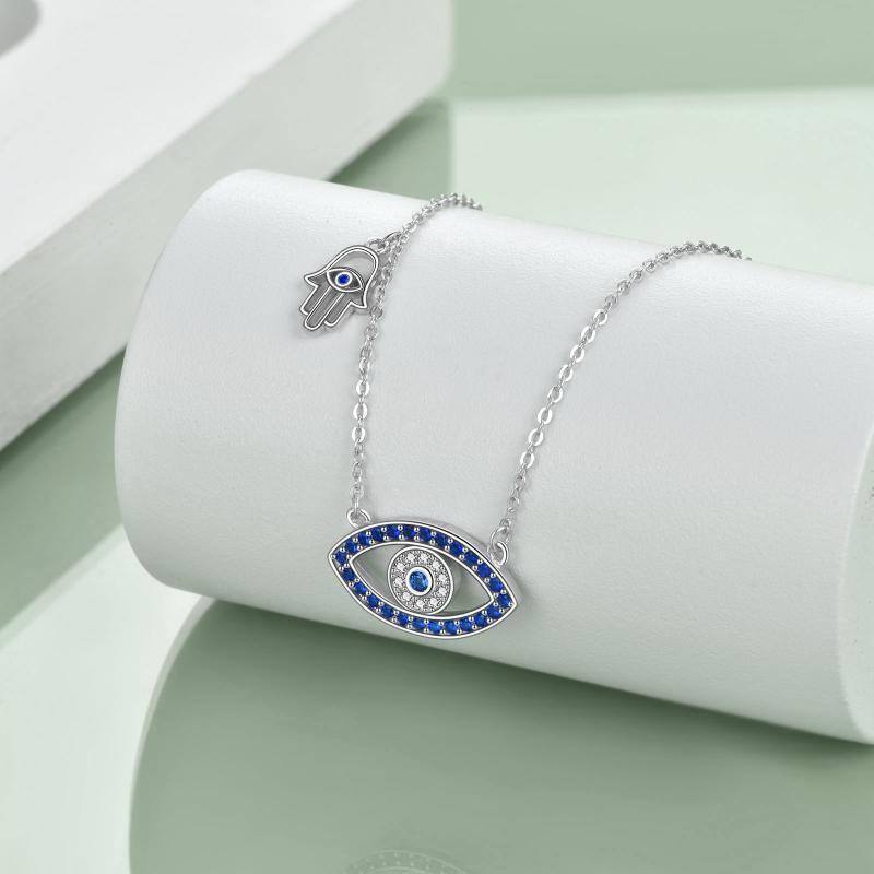 Colar de prata esterlina com zircónio cúbico azul. olho do mal e pendente de mão Hamsa-5