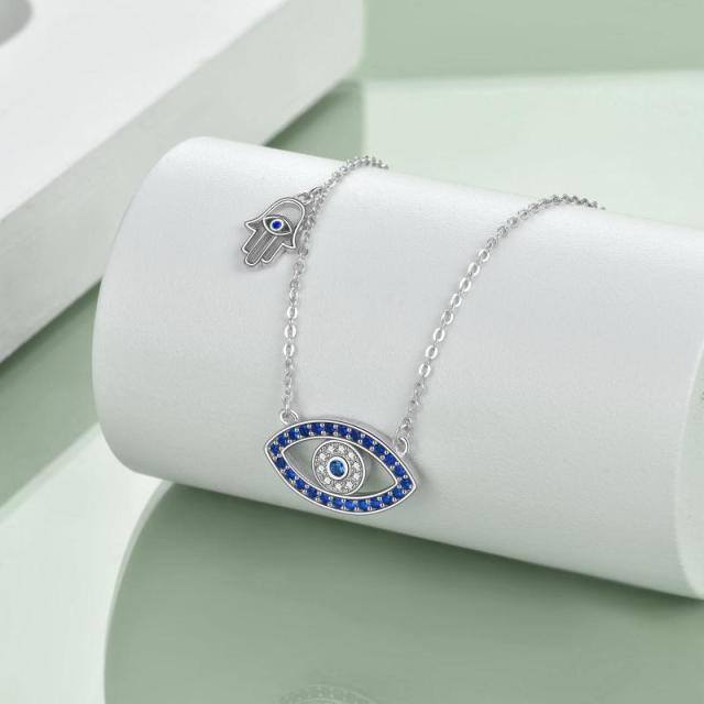 Plata de ley Circonita Azul Mal de Ojo y Hamsa Mano Colgante Collar-5