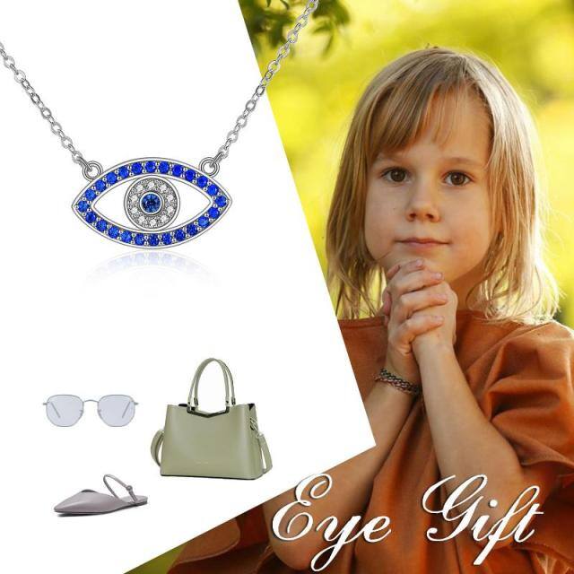 Plata de ley Circonita Azul Mal de Ojo y Hamsa Mano Colgante Collar-6