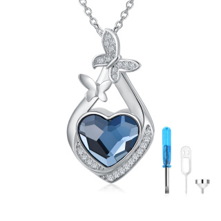 Sterling Silver Blue Heart Crystal Butterfly & Diamond Shaped Urn Necklace for Ashes-5