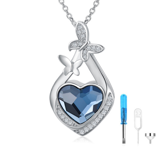 Sterling Silver Blue Heart Crystal Butterfly & Diamond Shaped Urn Necklace for Ashes