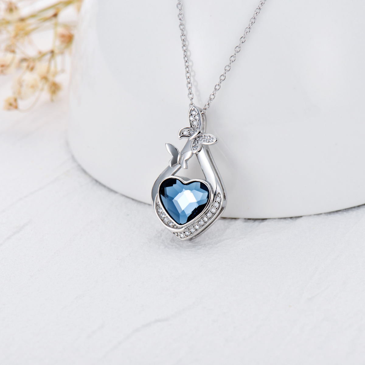 Collier en argent sterling pour cendres en forme de papillon et de diamant avec cœur en cristal bleu-3