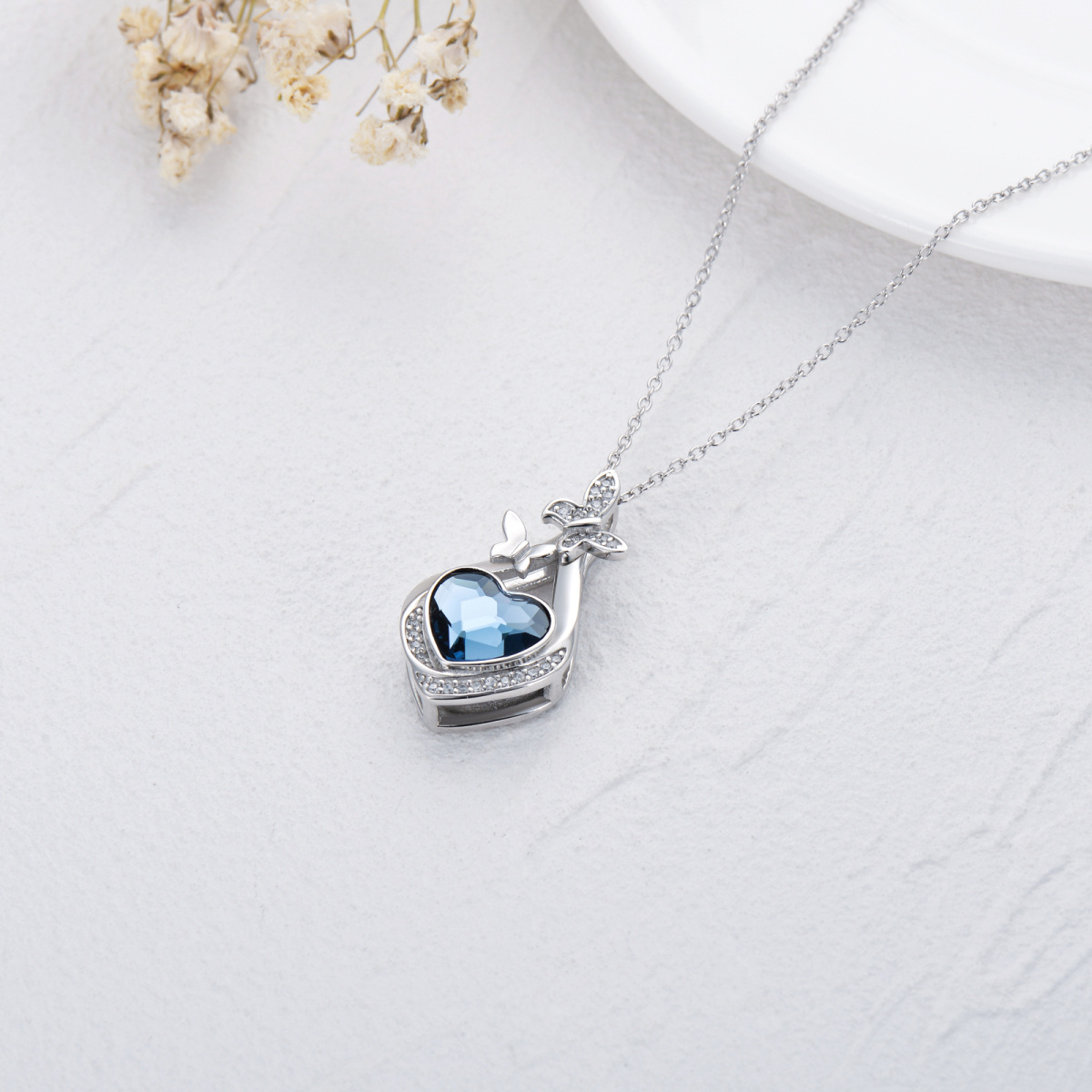 Sterling Silver Blue Heart Crystal Butterfly & Diamond Shaped Urn Necklace for Ashes-4