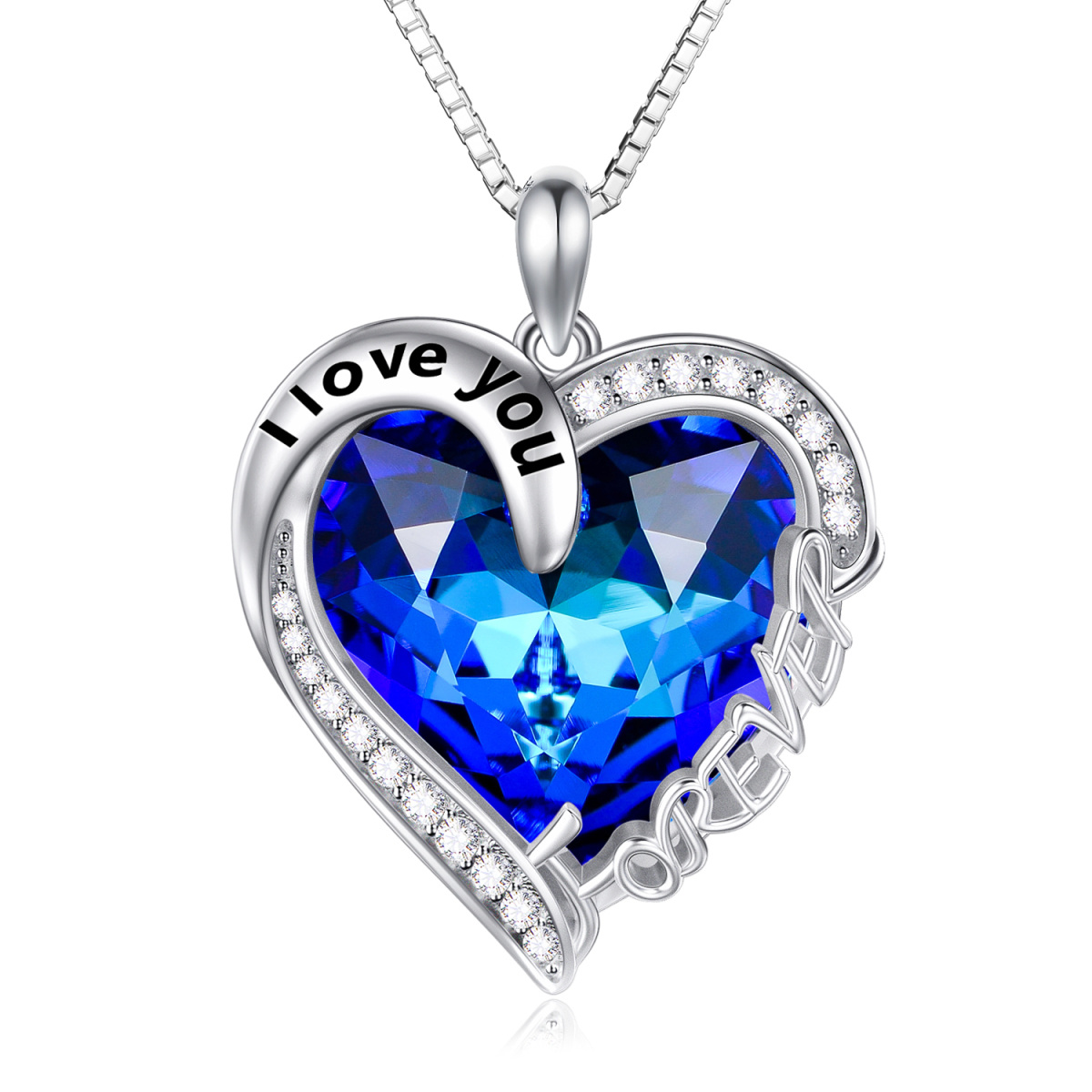 Collana con ciondolo di cristallo a forma di cuore blu in argento sterling con l'incisione 