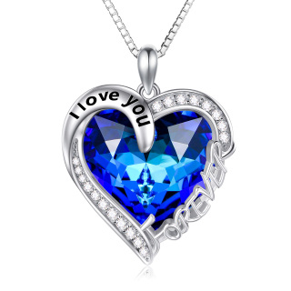 Sterling Silver Blue Heart Crystal Pendant Necklace Engraved I Love You Forever-17