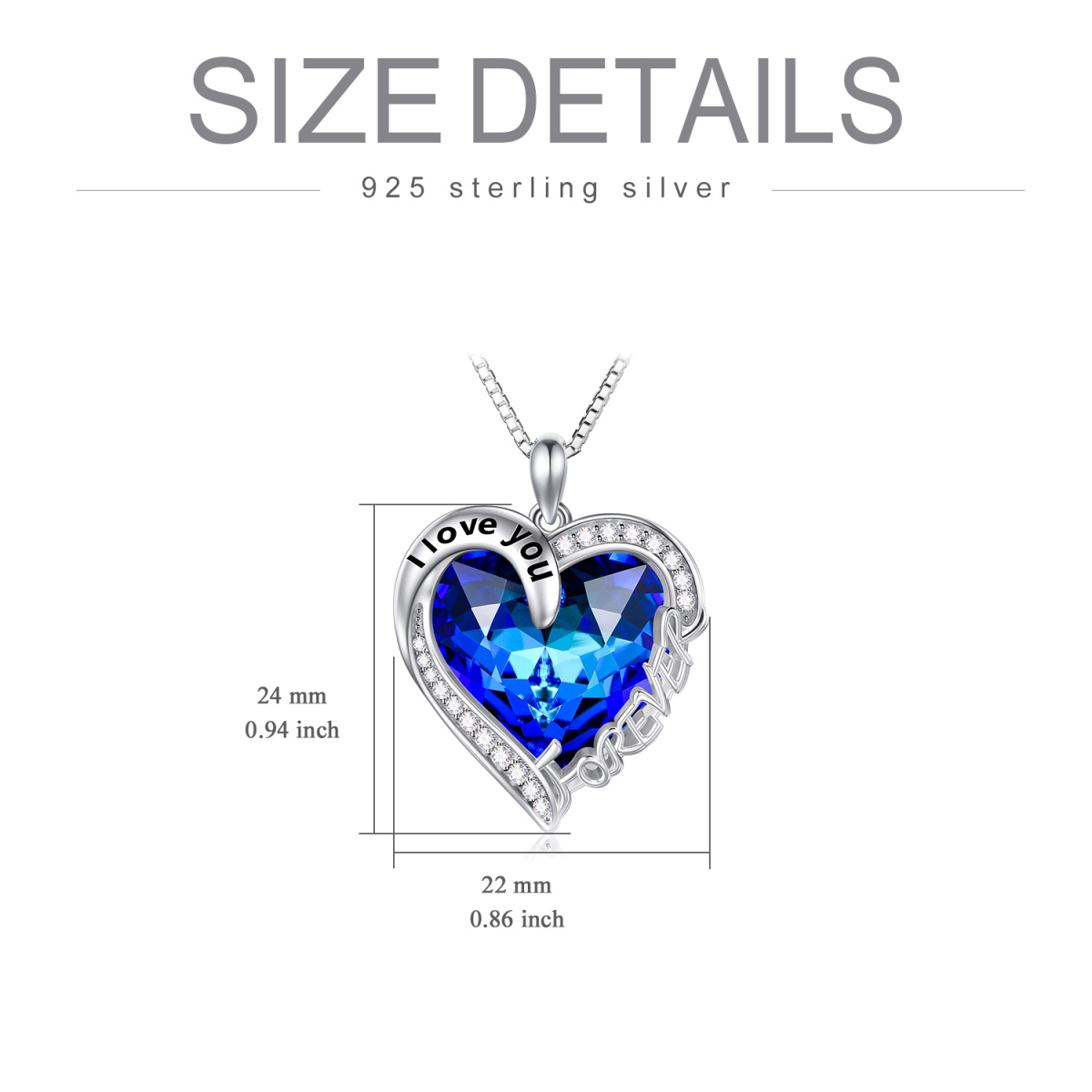 Collana con ciondolo di cristallo a forma di cuore blu in argento sterling con l'incisione 