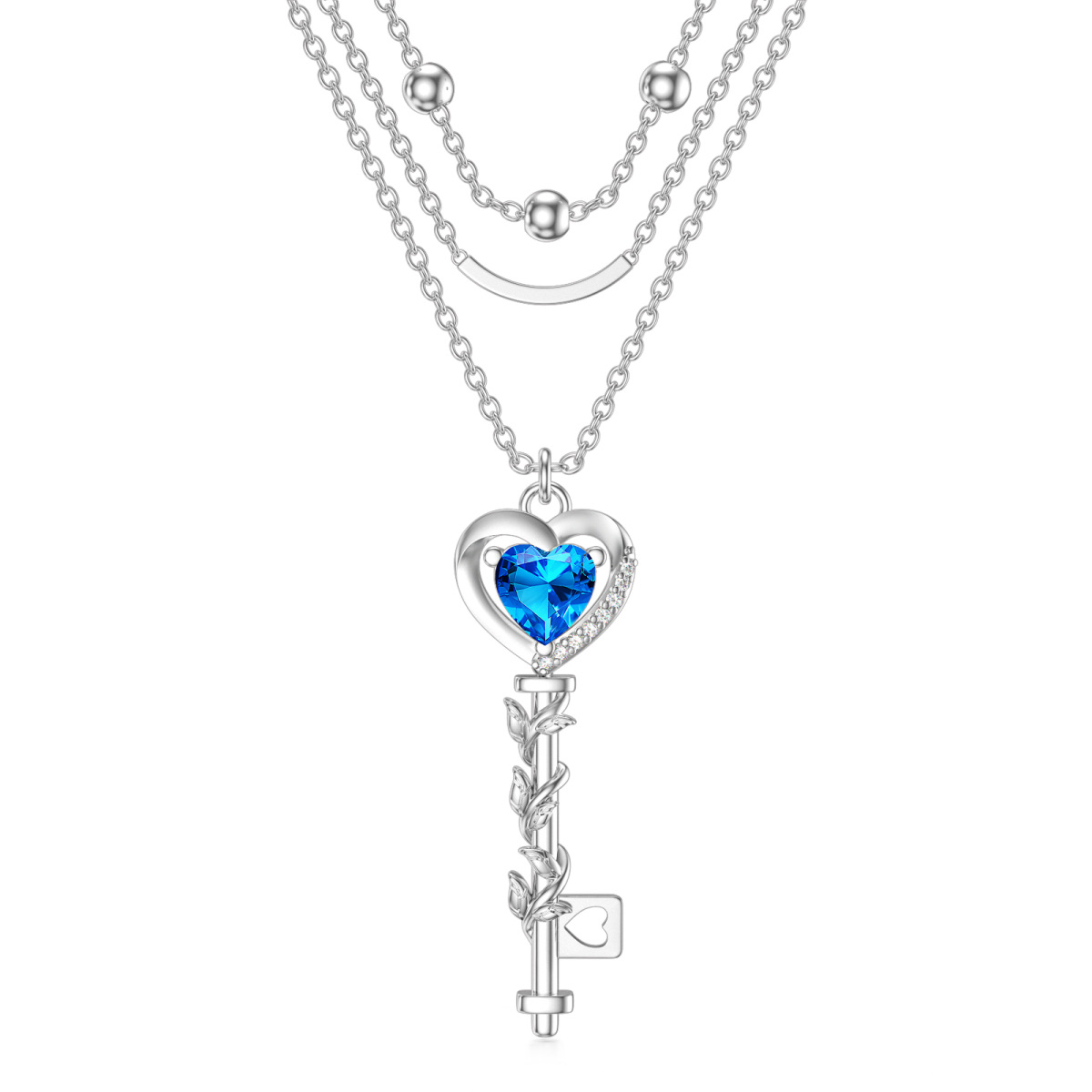 Sterling Silver Blue Cubic Zirconia Heart Key Layered Necklace-1