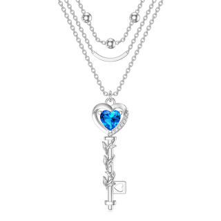 Sterling Silver Blue Cubic Zirconia Heart Key Layered Necklace-2