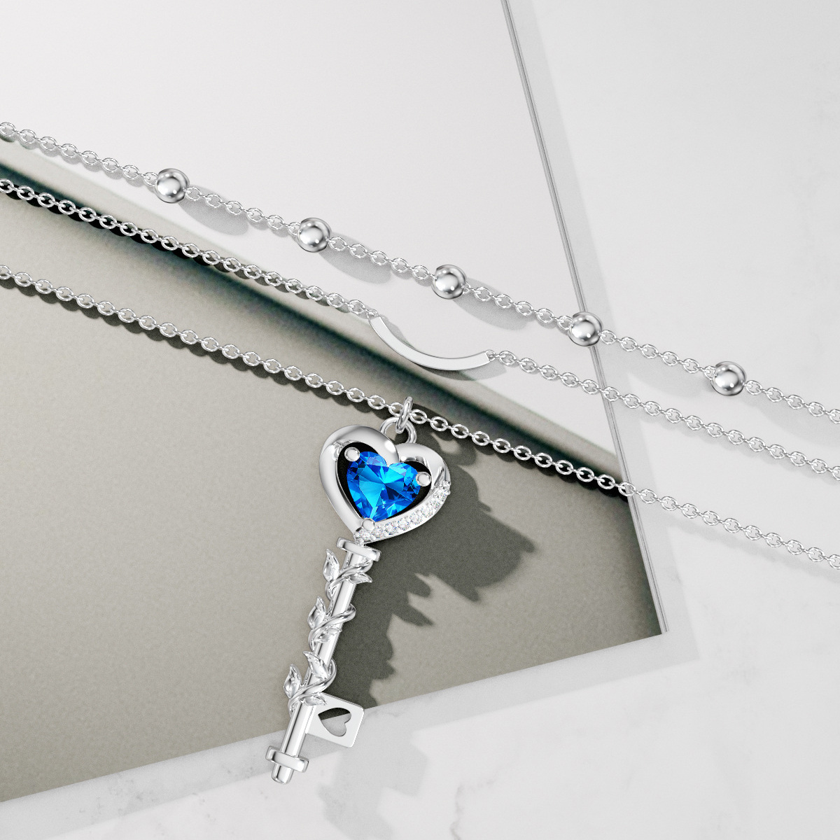 Collier en argent sterling avec clé en forme de coeur en zirconium cubique bleu-3