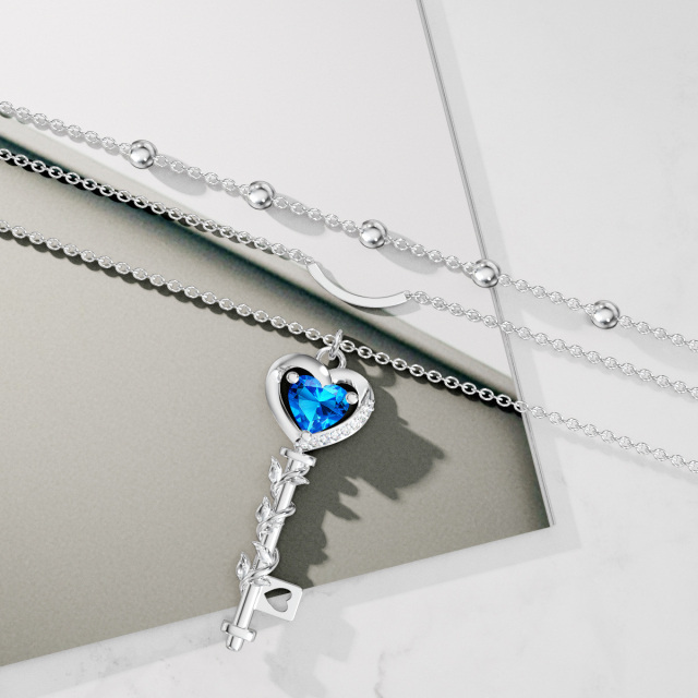 Sterling Silver Blue Cubic Zirconia Heart Key Layered Necklace-3