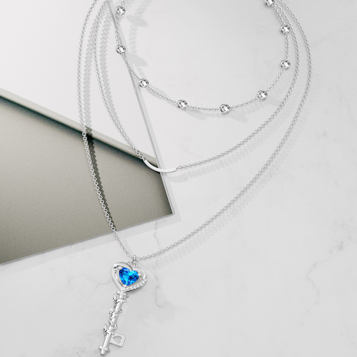 Collier en argent sterling avec clé en forme de coeur en zirconium cubique bleu-4