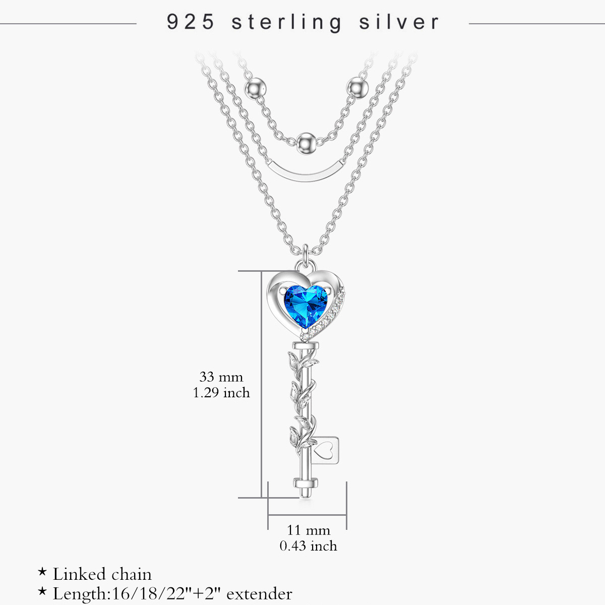 Sterling Silber Blau Cubic Zirkonia Herz Schlüssel geschichtet Halskette-5