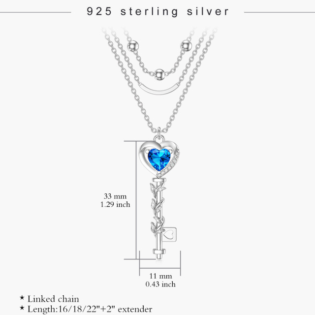 Sterling Silver Blue Cubic Zirconia Heart Key Layered Necklace-5