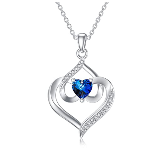 Sterling Silver Blue Cubic Zirconia Heart With Heart Necklace for Women