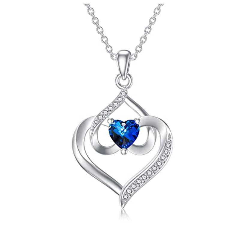 Sterling Silver Blue Cubic Zirconia Heart With Heart Necklace for Women-1