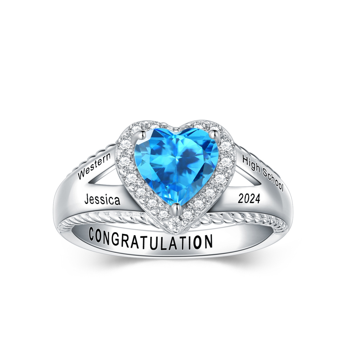 Sterling Silver Blue Heart Cubic Zirconia Personalized Engraving Class Ring for Women-1