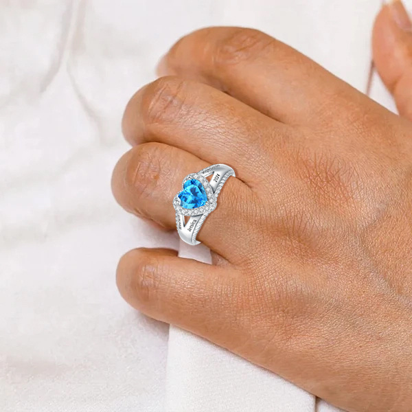 Anello da donna in argento sterling con zirconi cubici e cuore blu, personalizzato con incisione-3