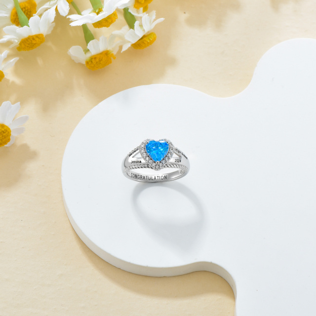 Anello da donna in argento sterling con zirconi cubici e cuore blu, personalizzato con incisione-5