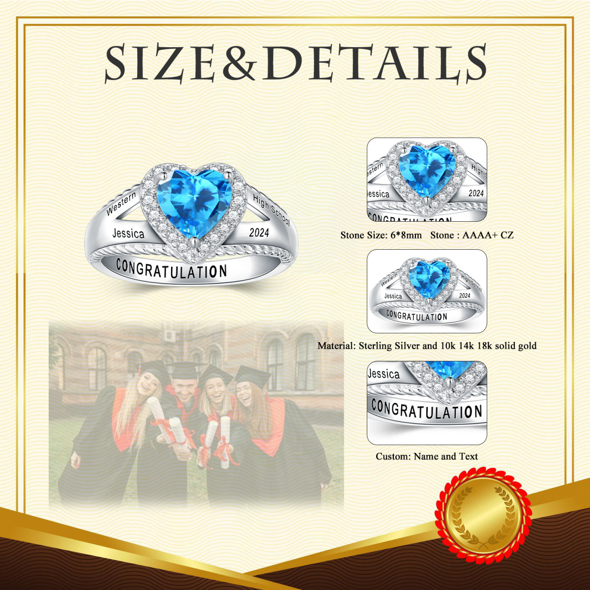 Sterling Silver Blue Heart Cubic Zirconia Personalized Engraving Class Ring for Women-6