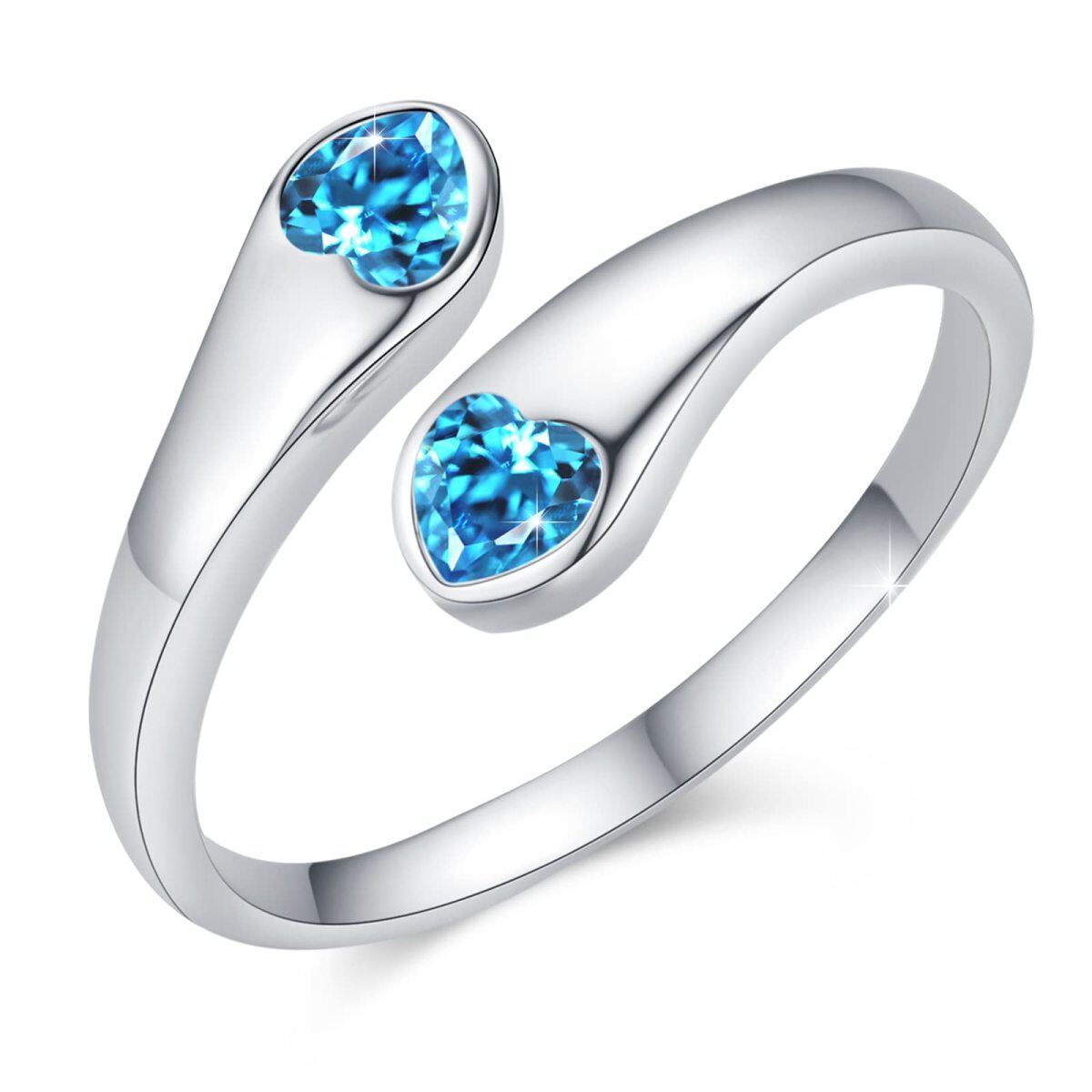 Sterling Silver Blue Heart Cubic Zirconia Teardrop Open Ring for Women-1