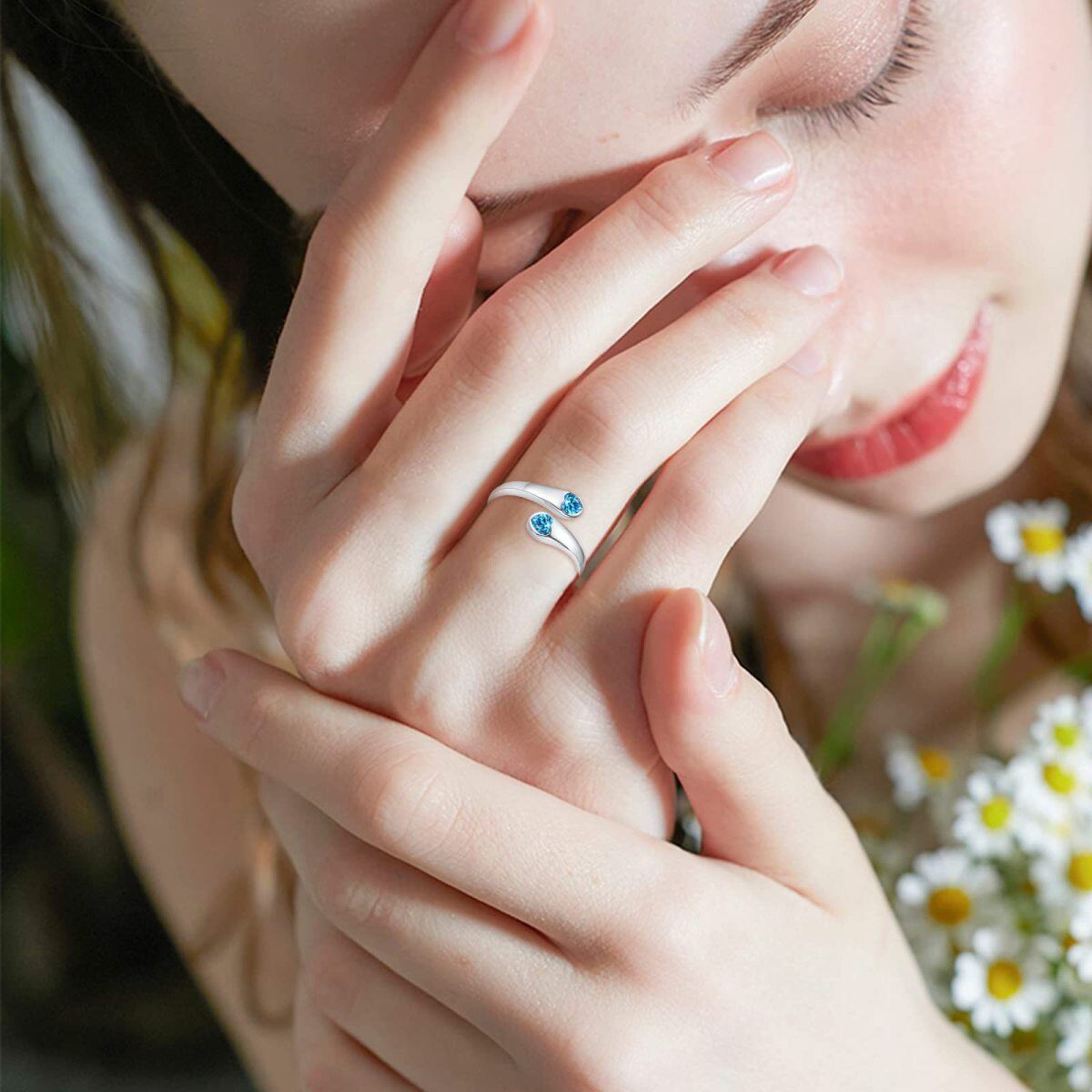 Anillo abierto de plata de ley con forma de lágrima y circonita cúbica en forma de corazón azul para mujer-3