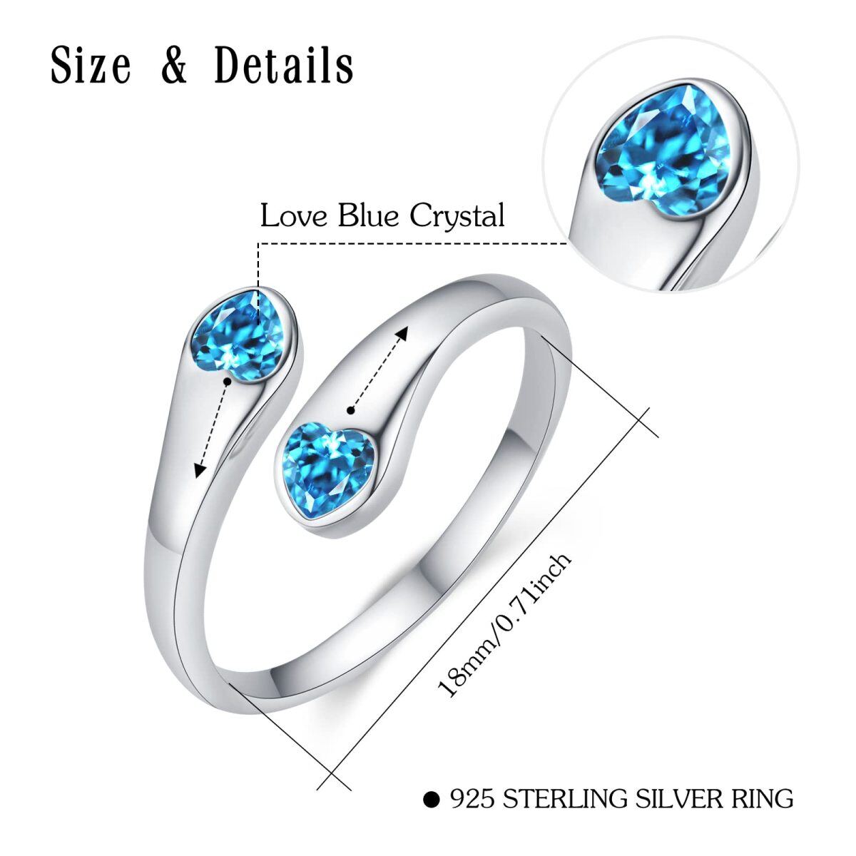 Sterling Silver Blue Heart Cubic Zirconia Teardrop Open Ring for Women-5