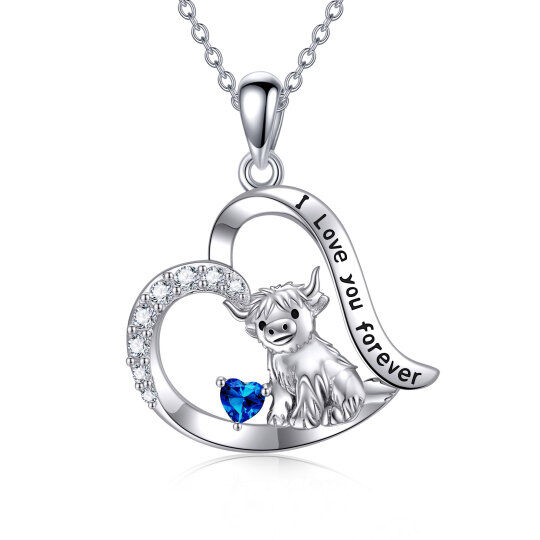 Collier en argent sterling avec pendentif Highland Cow & Heart en zircon cubique bleu et mot gravé