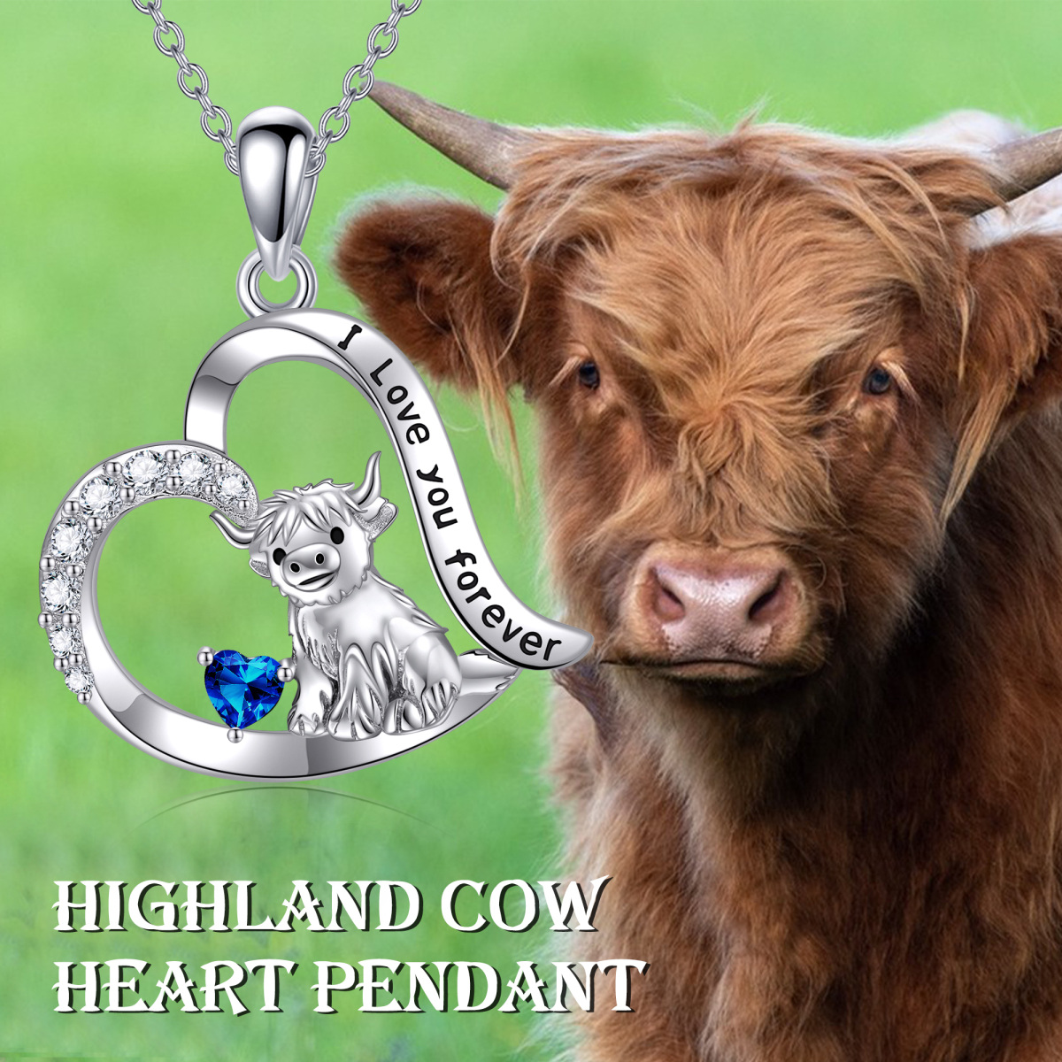 Sterling Silver Blue Cubic Zirconia Highland Cow & Heart Pendant Necklace with Engraved Word-3