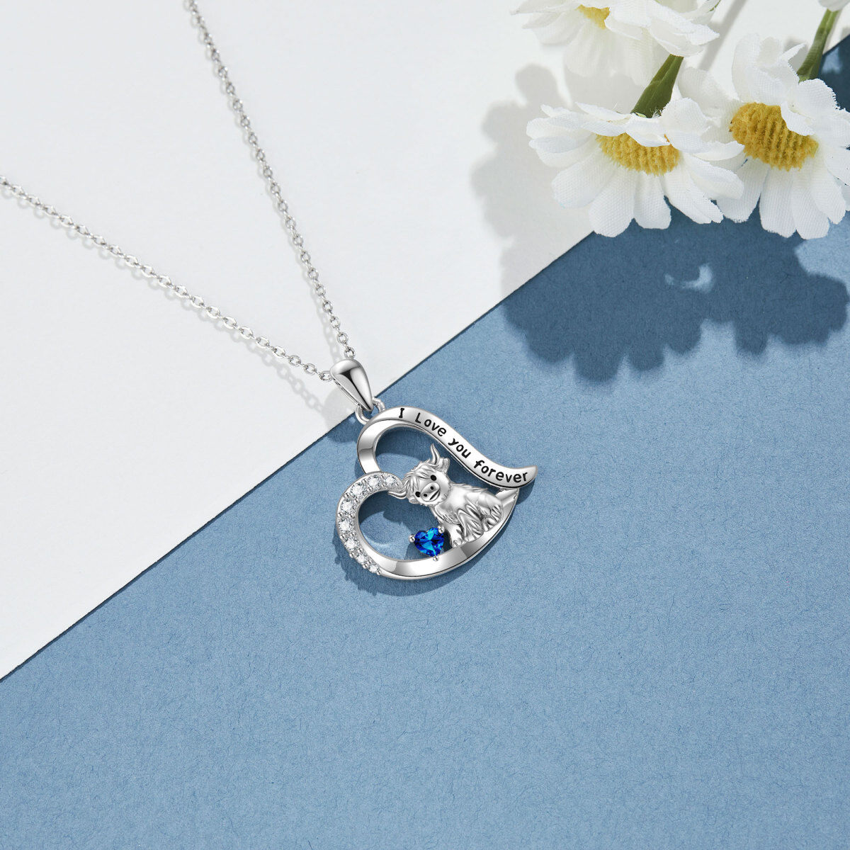 Sterling Silver Blue Cubic Zirconia Highland Cow & Heart Pendant Necklace with Engraved Word-4