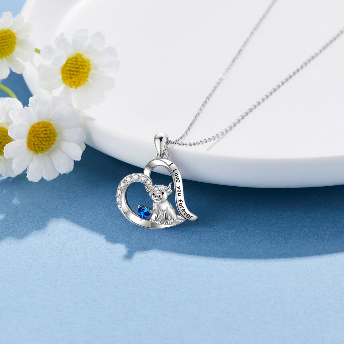 Sterling Silver Blue Cubic Zirconia Highland Cow & Heart Pendant Necklace with Engraved Word-5