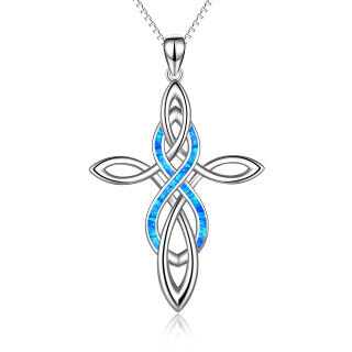 Sterling Silver Blue Opal Celtic Knot Cross Pendant Necklace-54