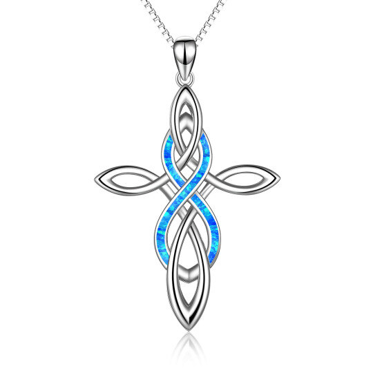 Sterling Silver Blue Opal Celtic Knot Cross Pendant Necklace